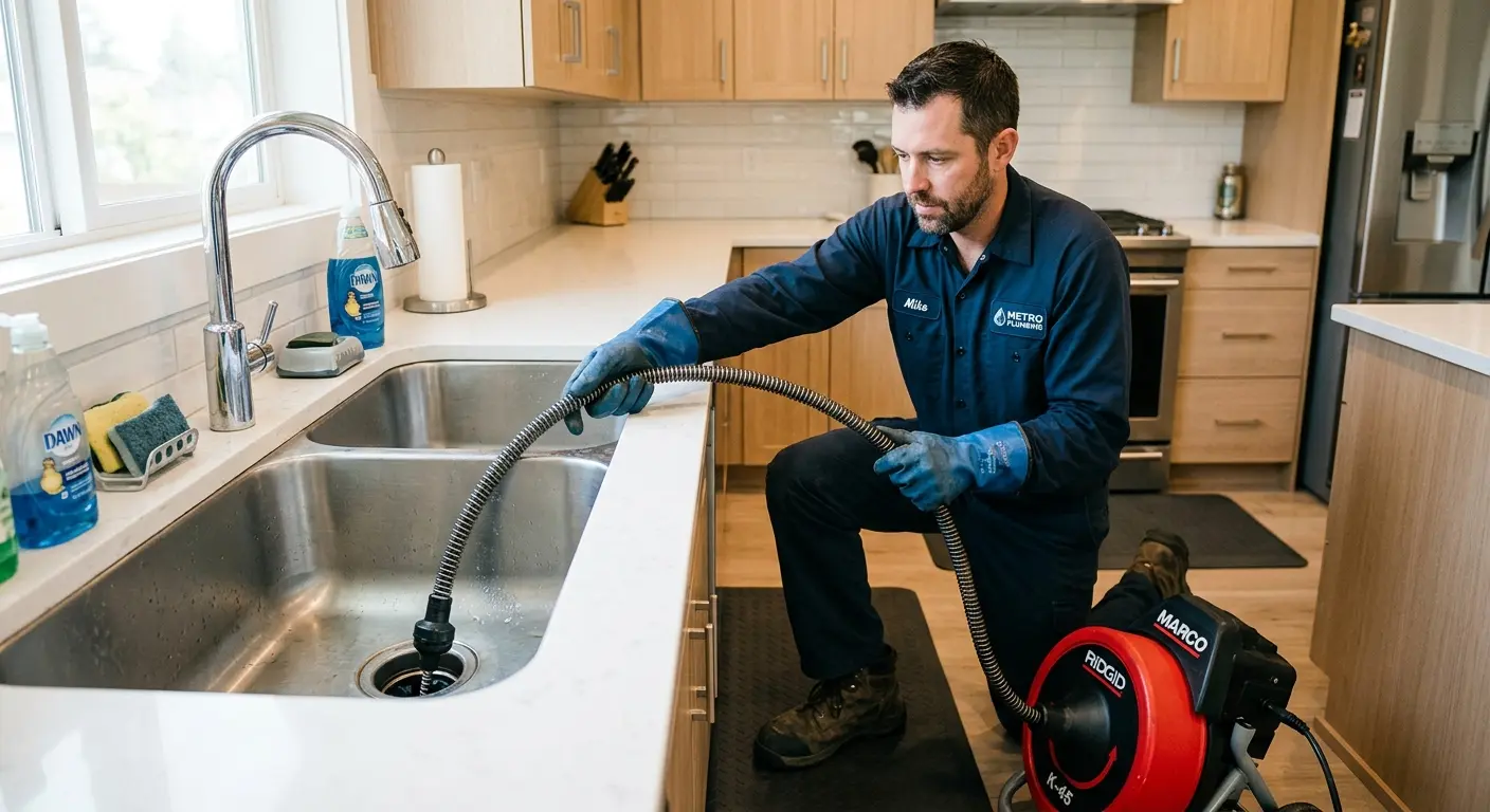 Drain cleaning technician using a motorized snake on a kitchen sink in Atmore
