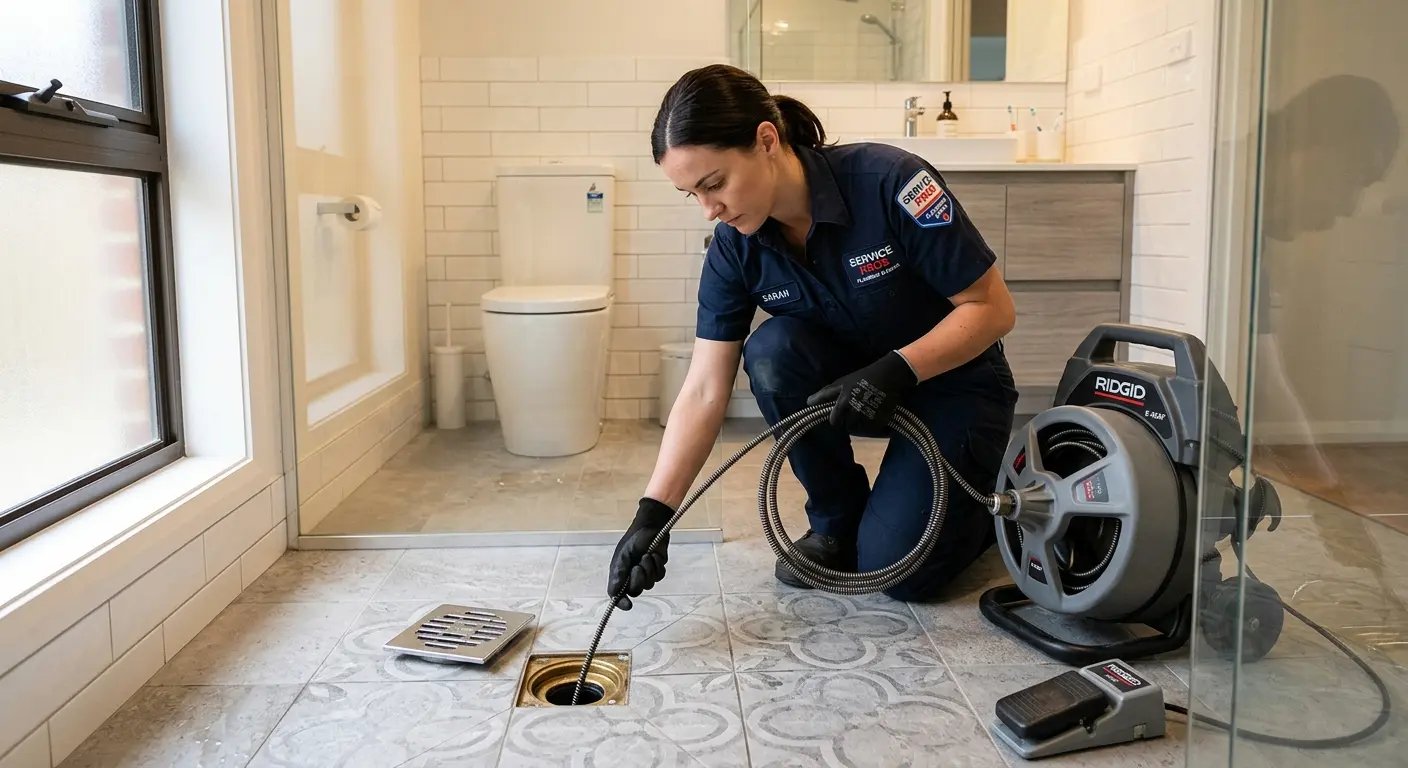 Technician clearing a bathroom floor drain for Hydro Jetting in Atmore